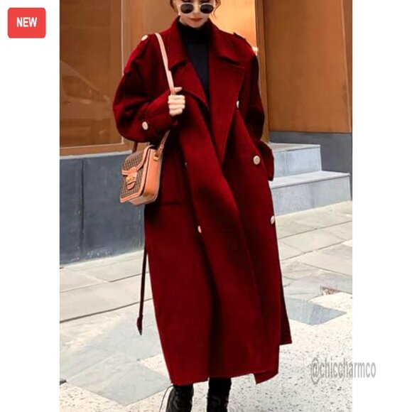 Women's Winter Wool Pea Coat Double Breasted Midi Length Trench Coat - Picture 4 of 5